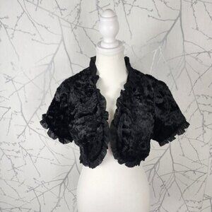 Laura Black Crushed Velvet Open Front Cropped Ruffle Jacket